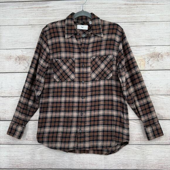 Tna Aritzia Flannel Button Down Shirt Mens 2XS Brown Beige Black Long Sleeve - Picture 1 of 11